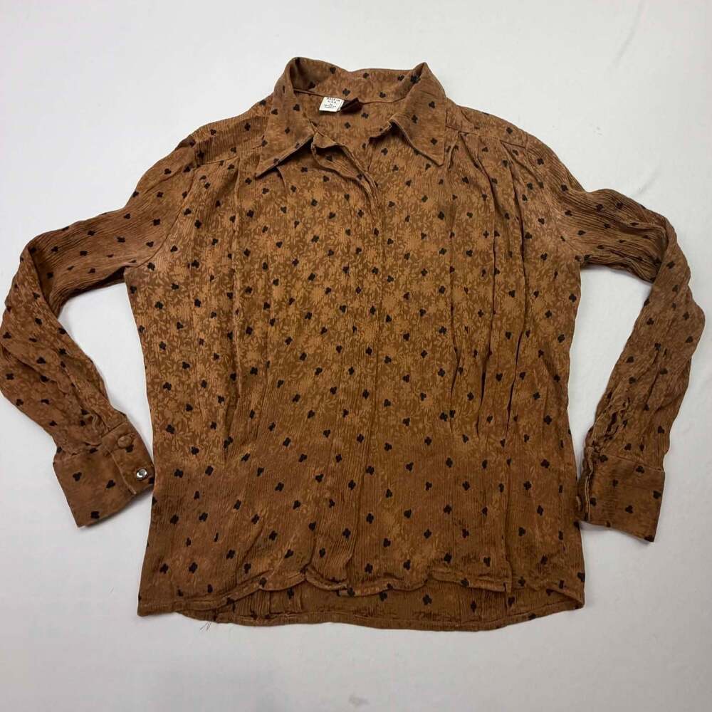 Anne Klein Vintage Brown and Black Floral Print Long Sleeve Collared Blouse
